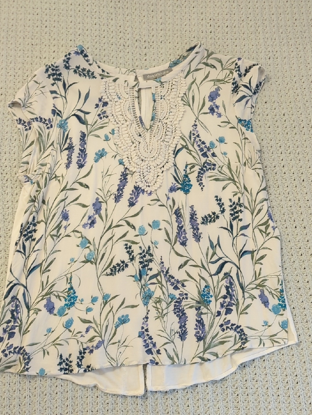 Daniel rainn White Floral Crochet Yoke Blouse with Blue and Green Print